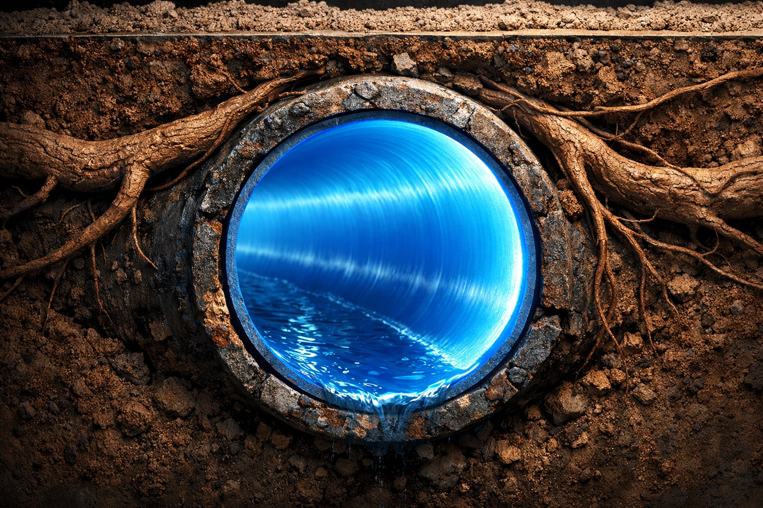 Cross-section of a durable blue UV sewer liner blocking tree roots inside an old Denver pipe.