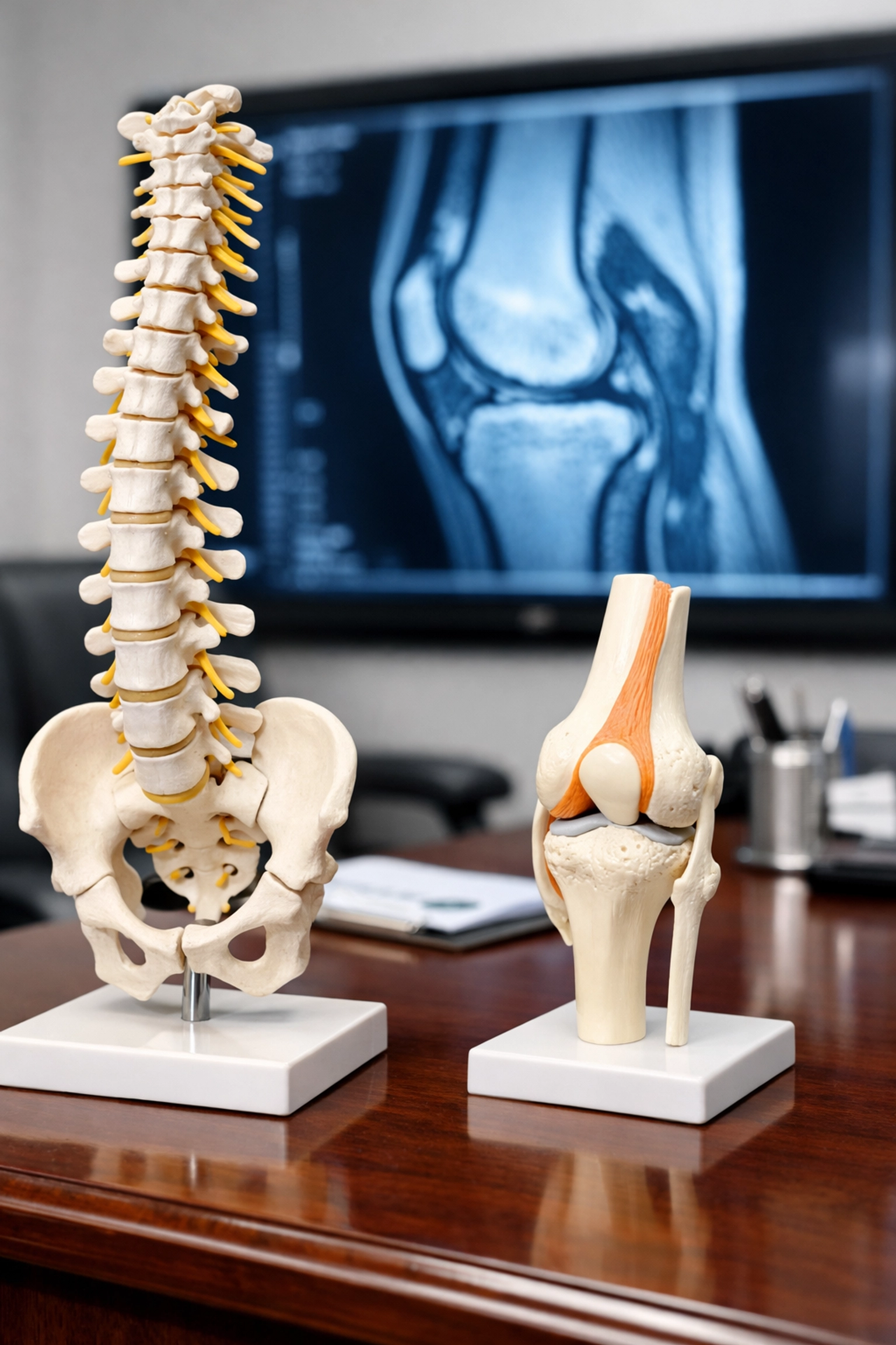 Anatomical spine model and MRI scan in a medical office to support a fresh diagnosis for a VA disability claim.