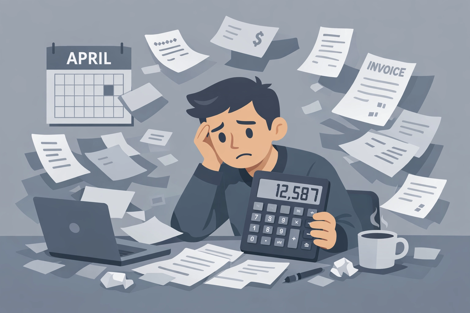 Small business owner stressed with disorganized tax receipts and invoices on desk