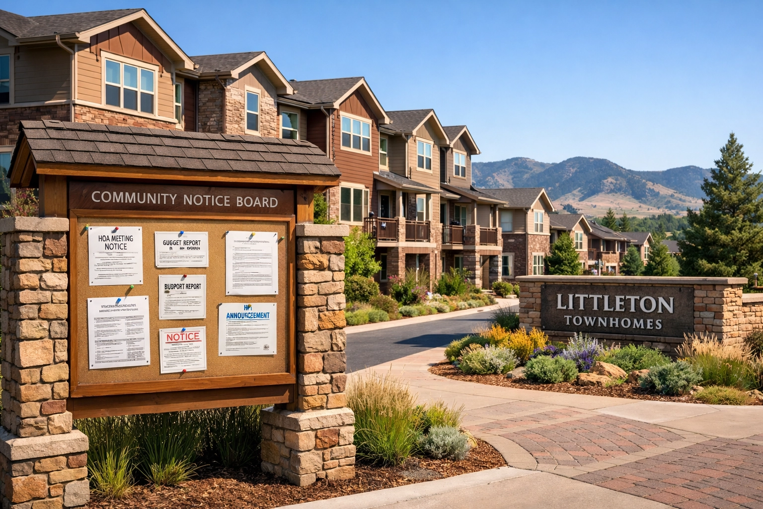 Littleton townhome community with HOA bulletin board displaying special assessment notices