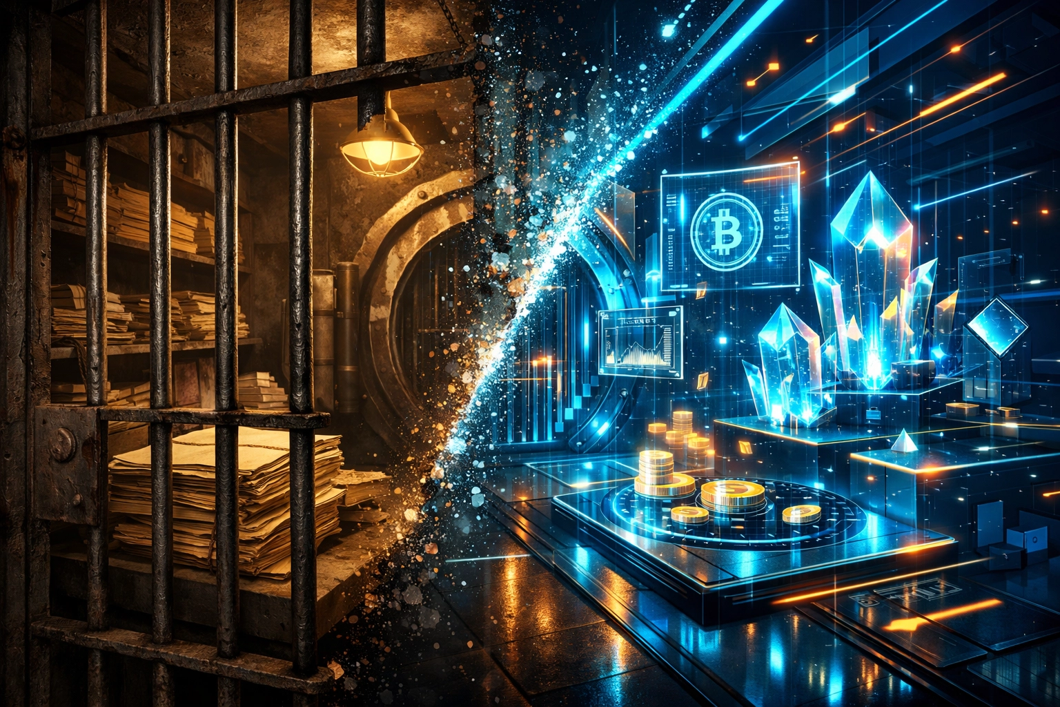 Web3 payment gateway digital landscape contrasting with legacy bank vaults for merchant self-custody.