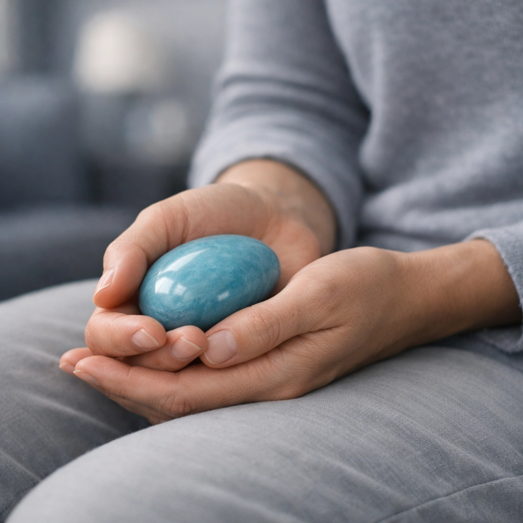 Hands holding a blue grounding stone for emotional regulation and self-soothing in therapy.