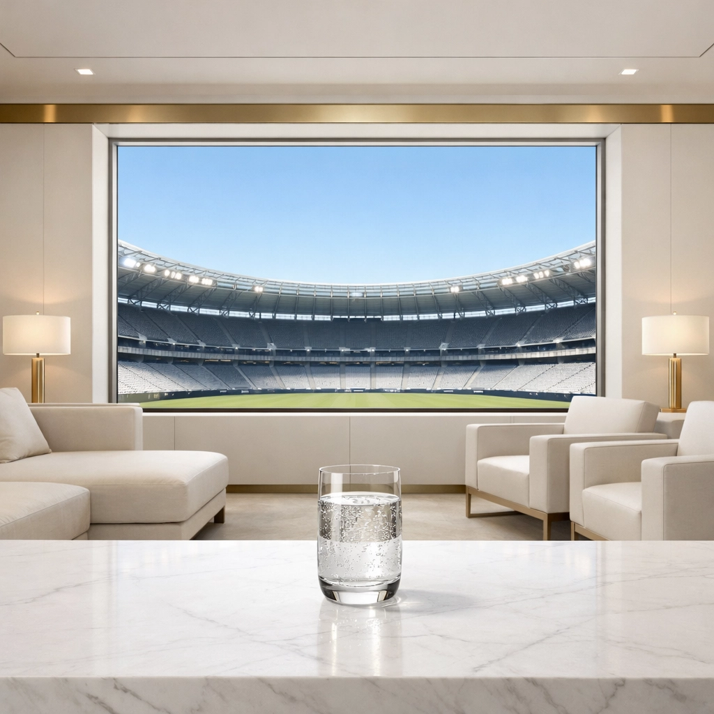Elegant VIP corporate lounge with a clear stadium view, highlighting professional executive hosting and branding.