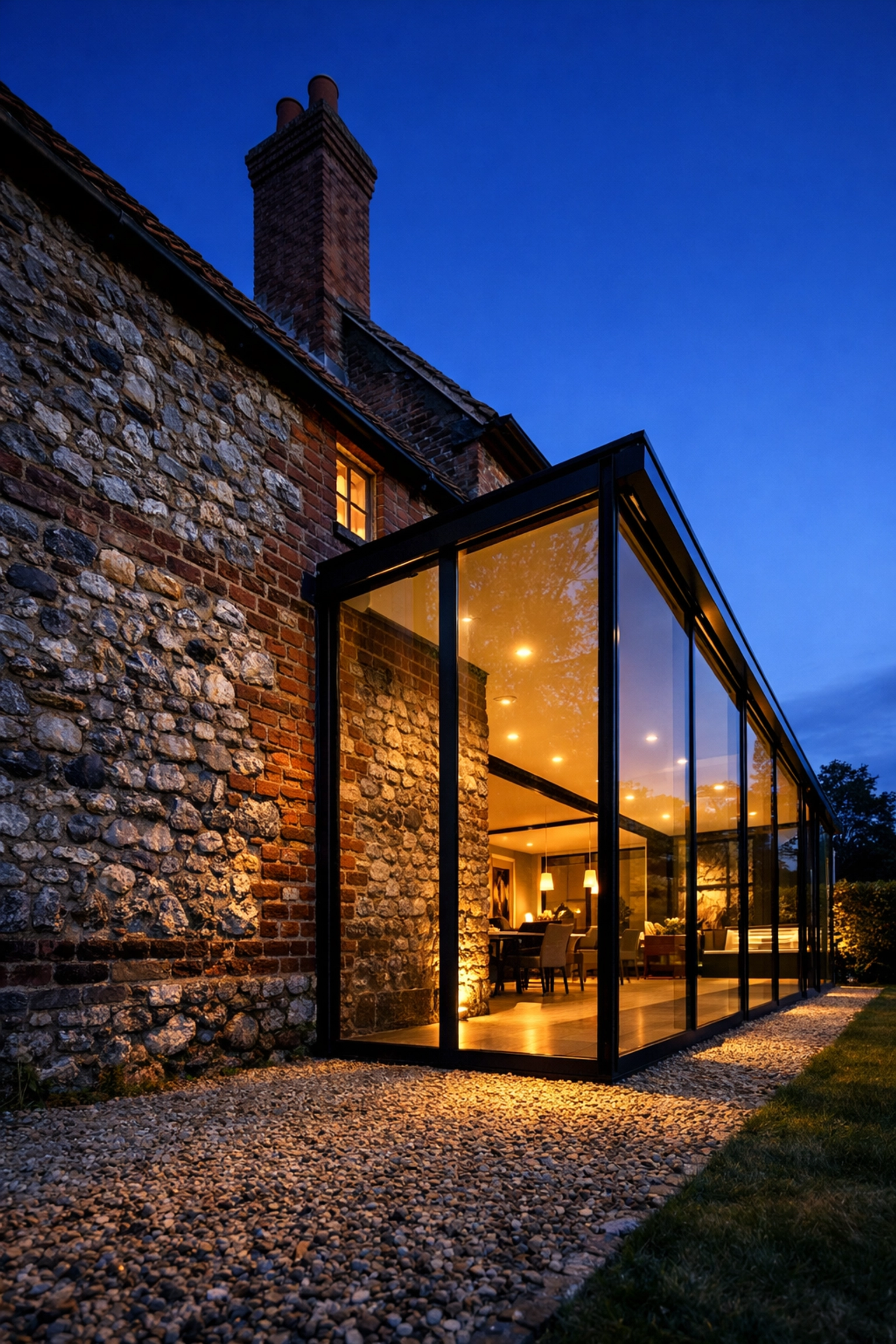 Modern glass extension on a traditional West Sussex flint and brick home in a conservation area.