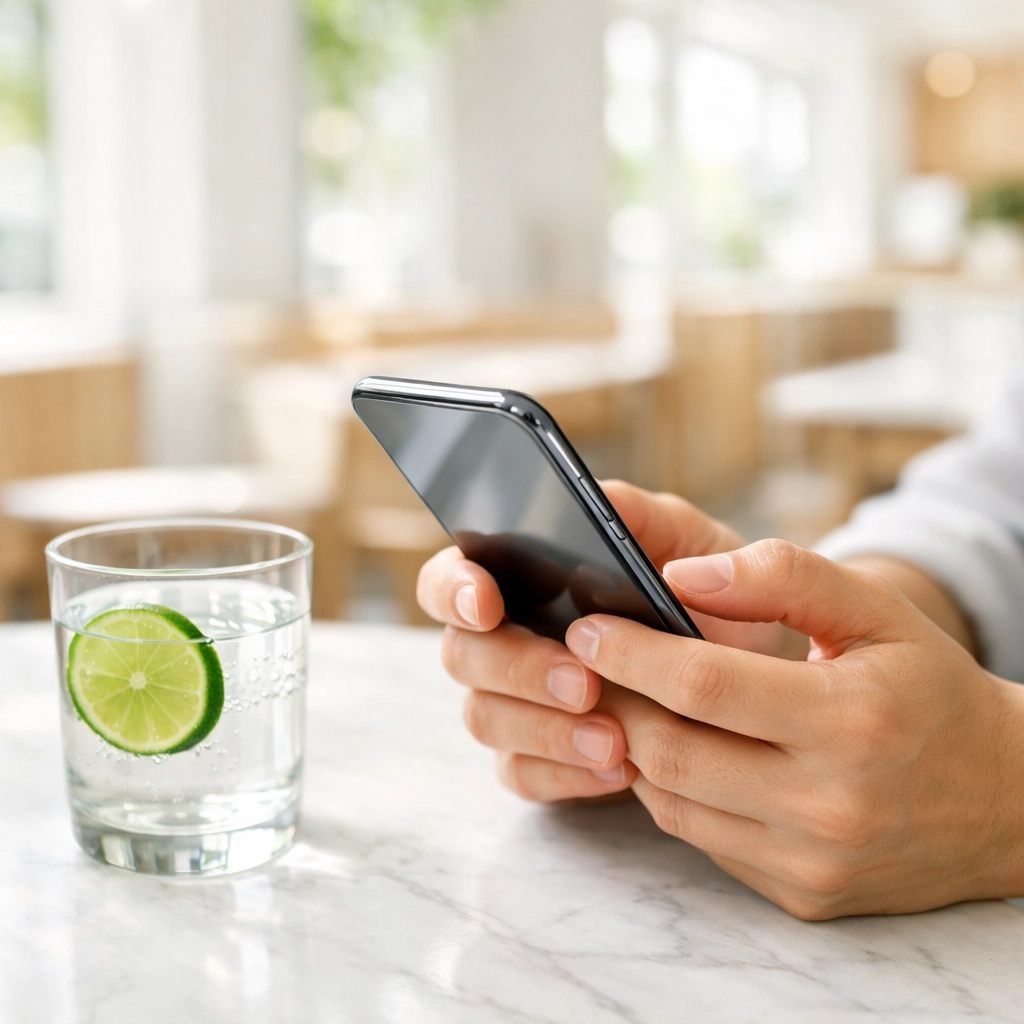 Person using a mobile-friendly website on a smartphone in a bright, modern Innisfil cafe.