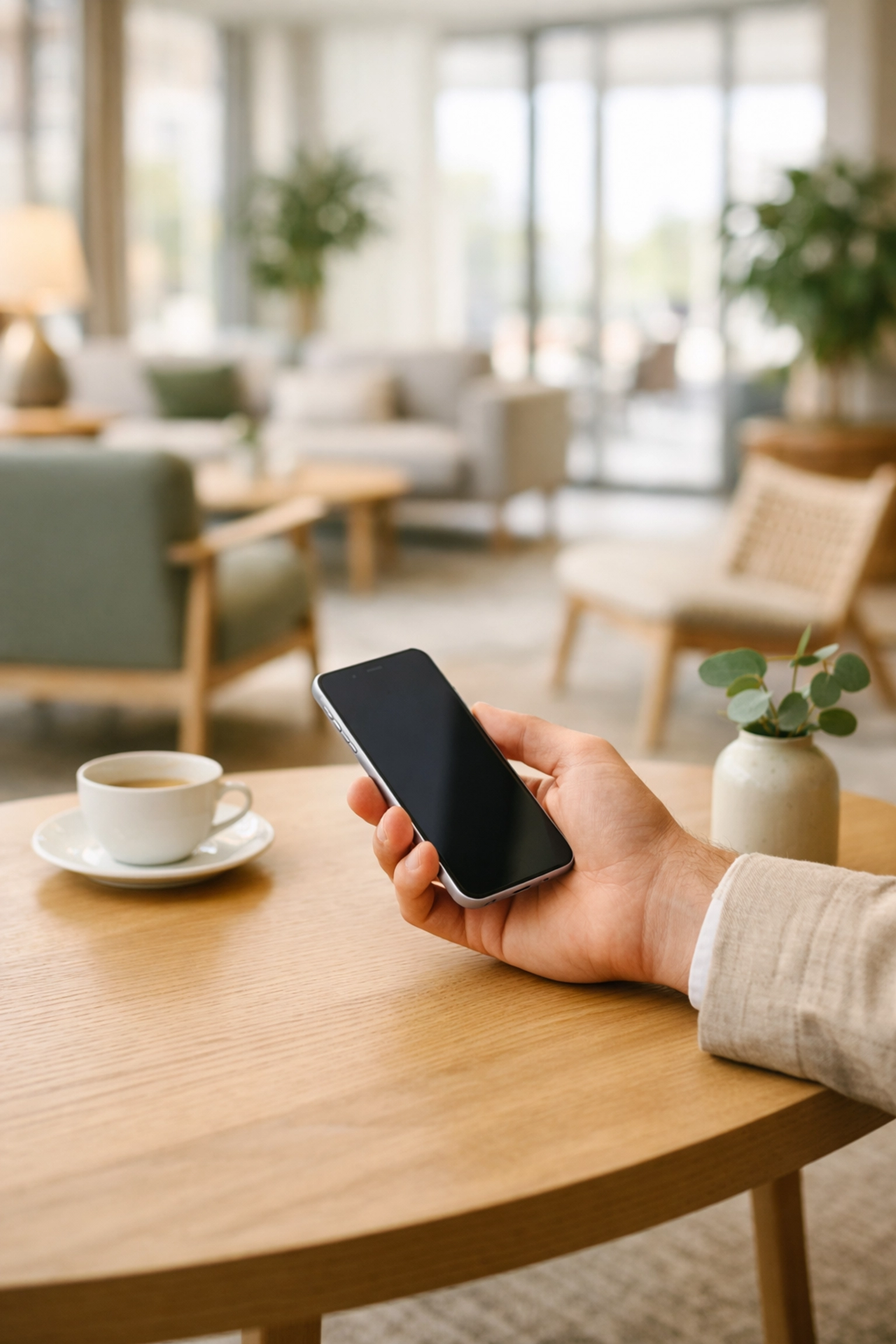 A guest using a smartphone for digital check-in in a modern, minimalist hotel lobby.