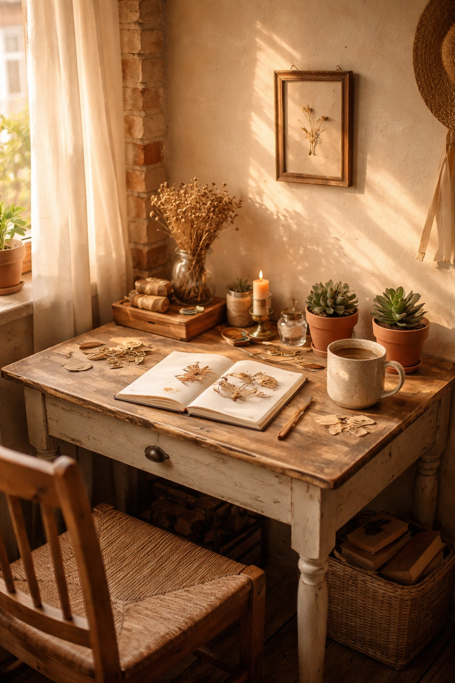Cozy craft nook corner with a vintage wooden desk, handmade decor, and natural sunlight for creative inspiration