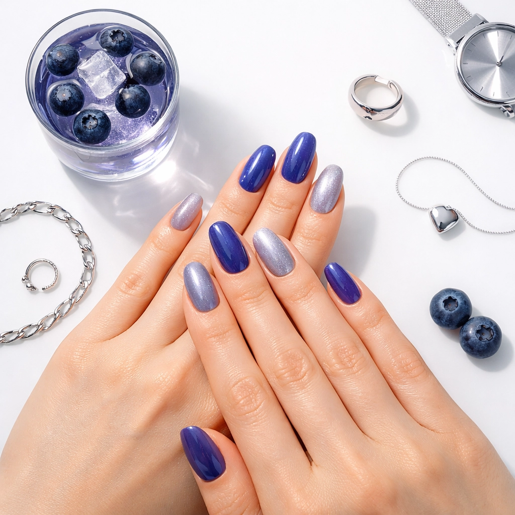 Blueberry jelly and gray pearl syrup gel nails with glossy finish and silver accessories