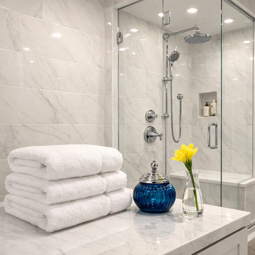 A sparkling clean marble bathroom with fresh towels, part of a weekly house cleaning in Walpole.