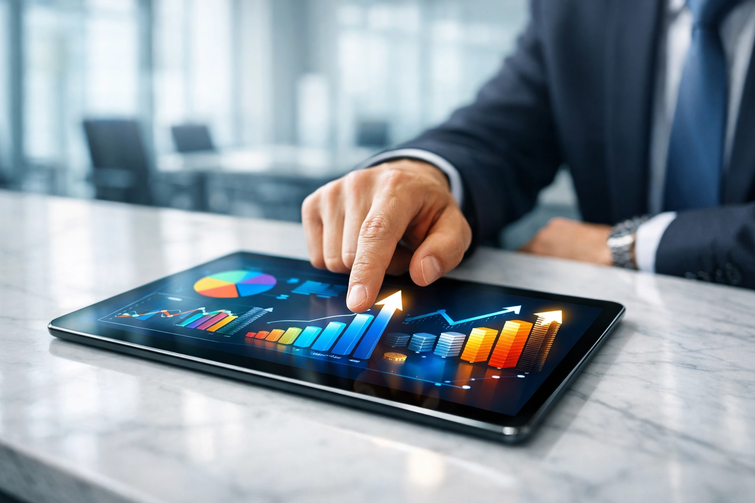 Executive analyzing corporate travel ROI and analytics on a tablet in a professional boardroom.