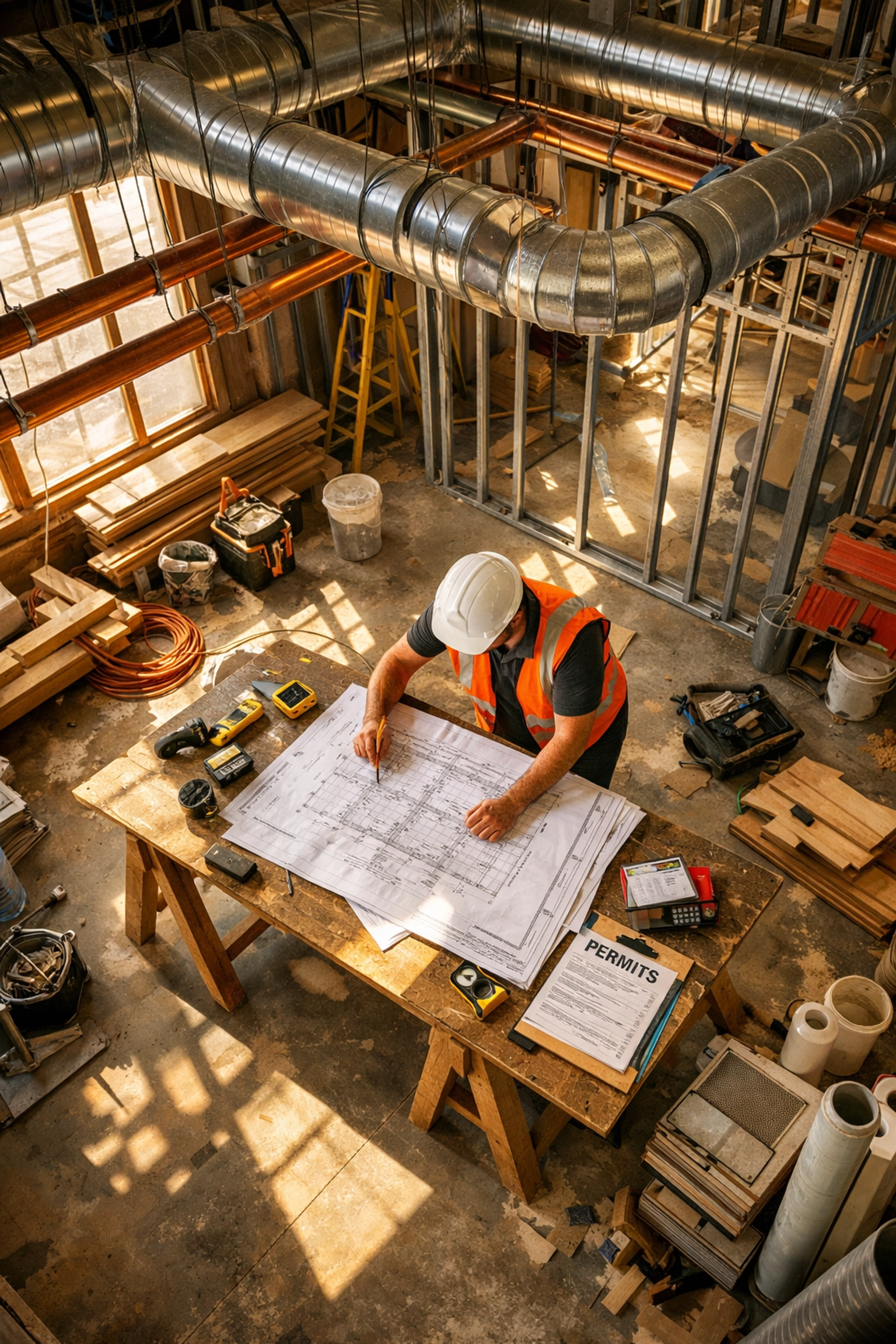 Restaurant buildout construction showing HVAC ductwork and contractor reviewing blueprints