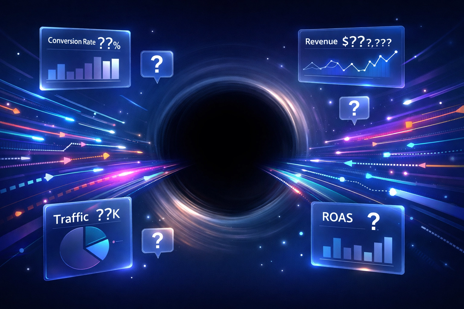Attribution black hole with conversion data and tracking metrics disappearing into void showing lost ROI