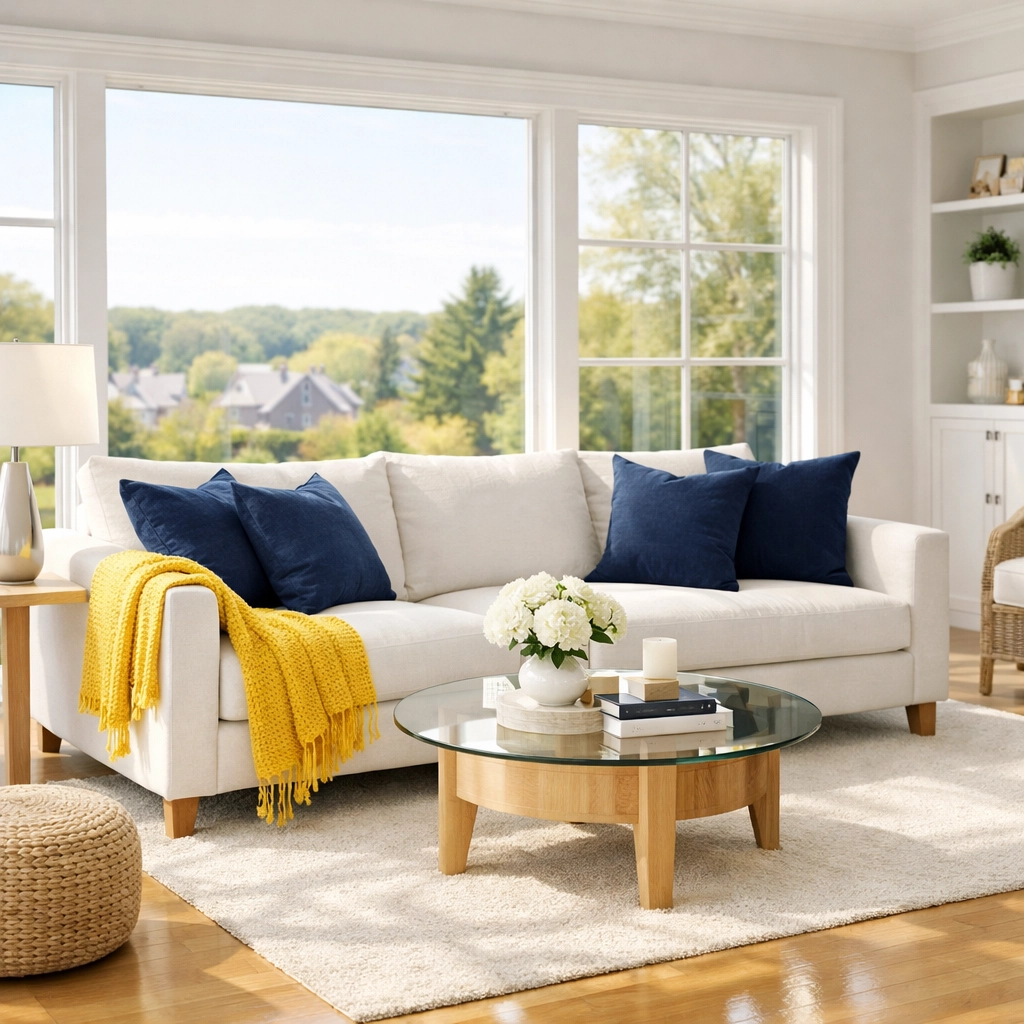 Clean living room in a modern Milford home with polished hardwood floors after a weekly house cleaning.