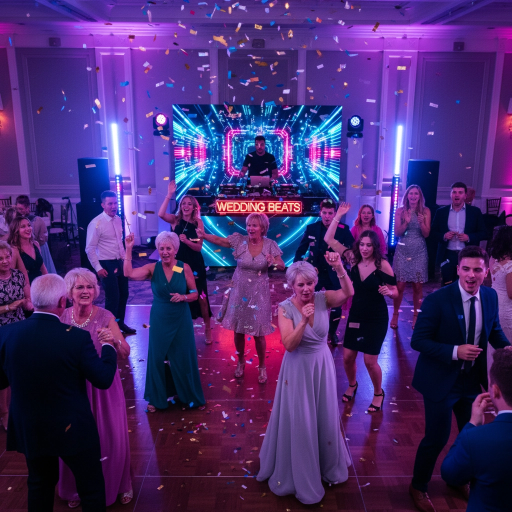 People dancing joyfully under colorful lights at a wedding reception. A DJ booth with "Wedding Beats" sign is in the background.