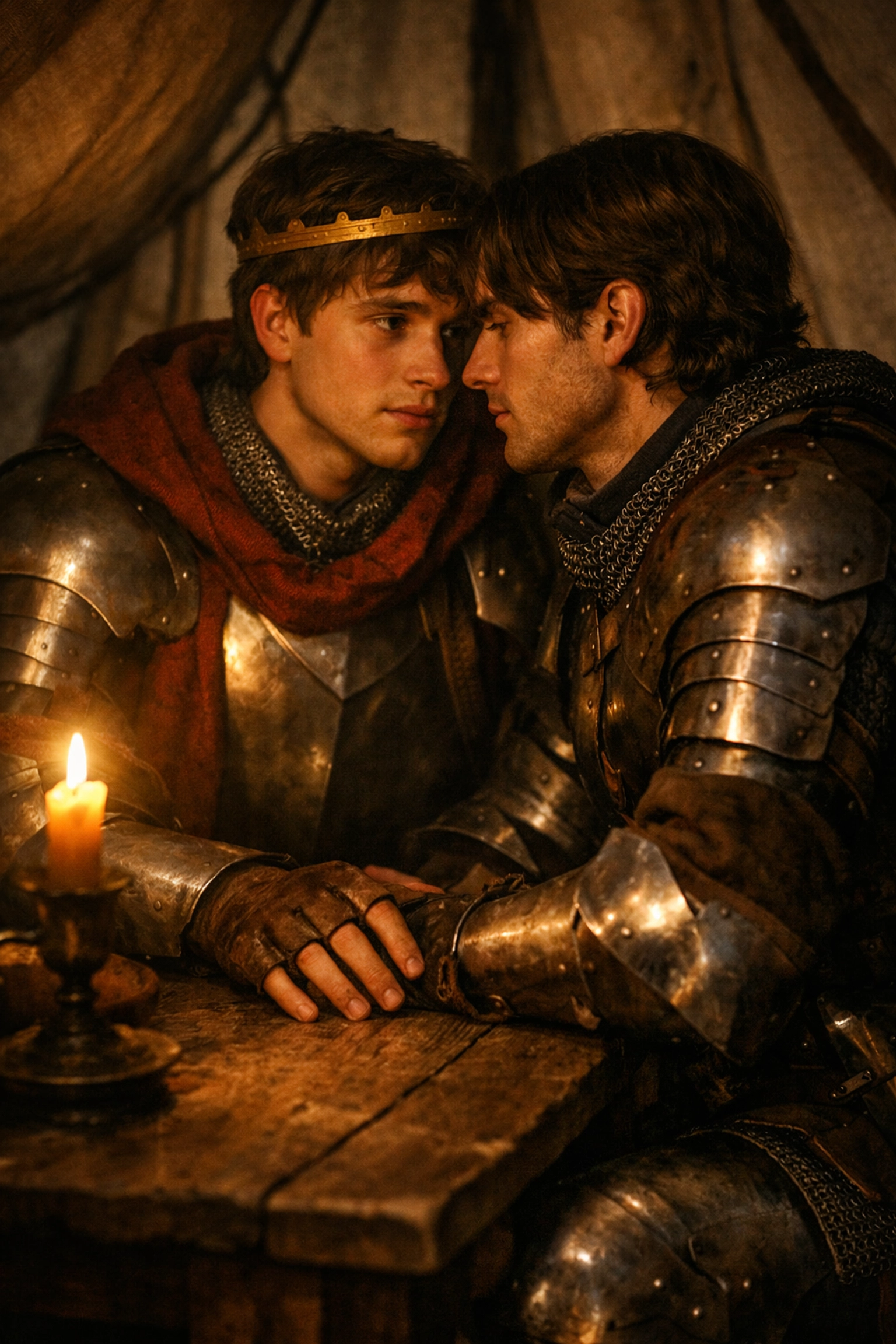 Polish knights sharing an intimate moment in a 15th-century tent, reflecting gay fiction from history.