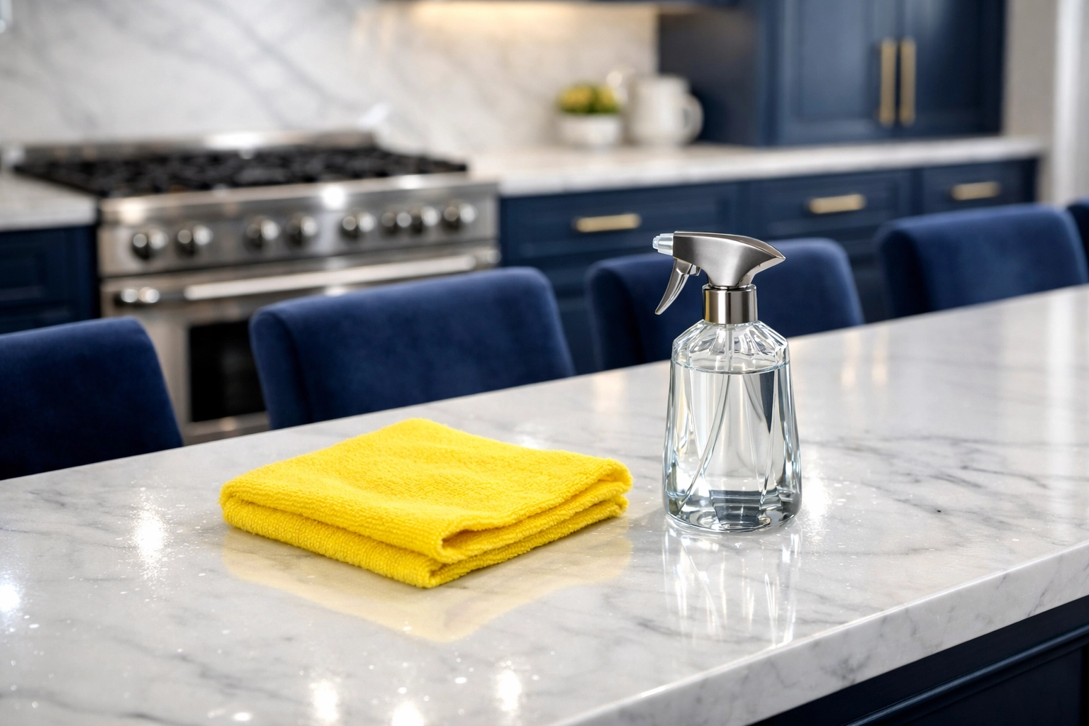 Sparkling white marble kitchen island sanitized through professional house cleaning Ashby MA services.