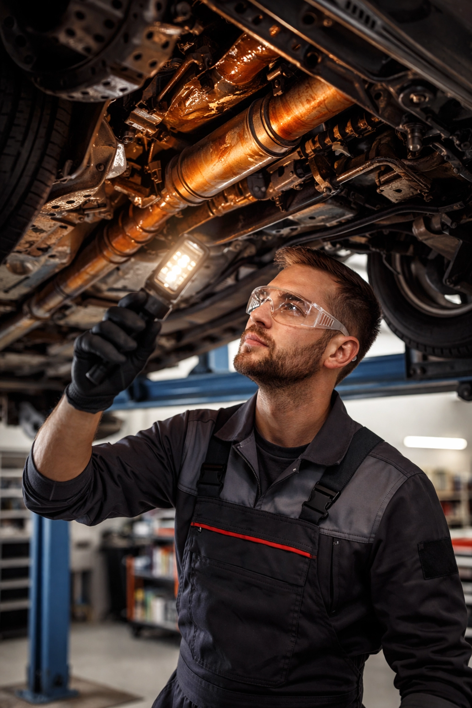Automotive technician inspecting and applying rustproofing treatment to a car underbody, demonstrating professional rust protection.