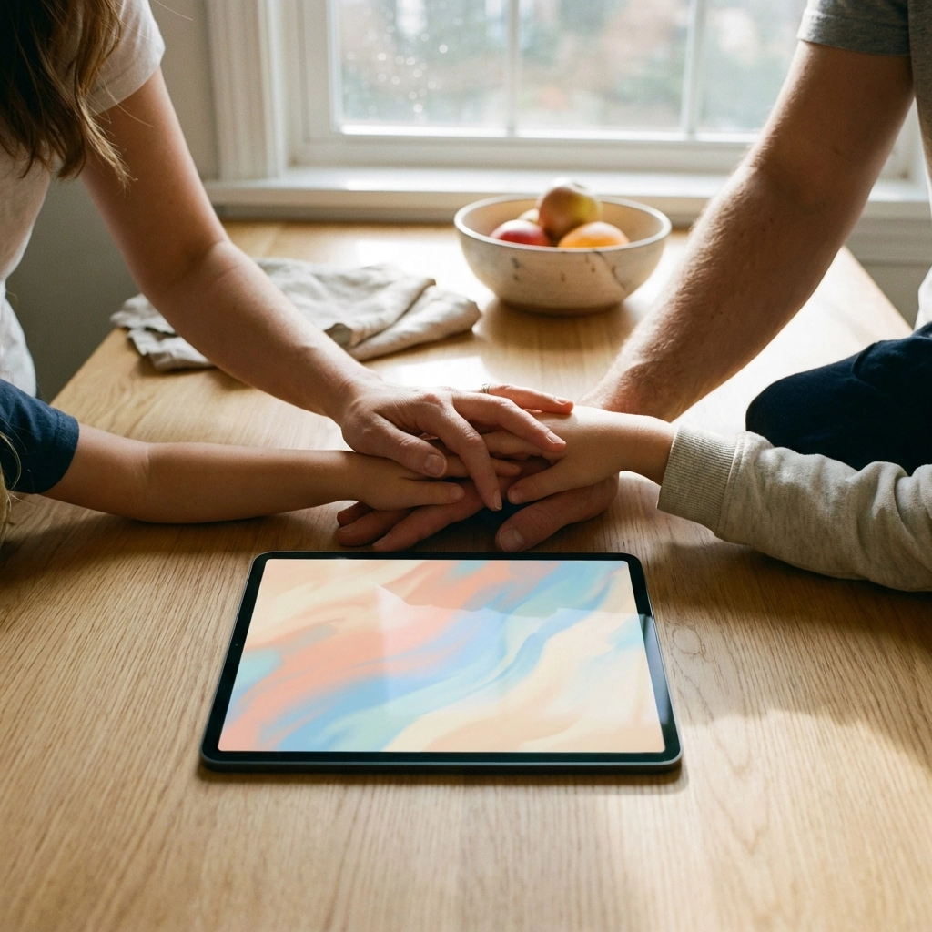 Family hands on a tablet at a sunlit kitchen table, showing active parental involvement in Christian movie filtering.