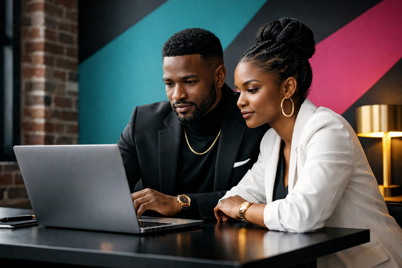 Power couple planning career goals together at desk with laptop