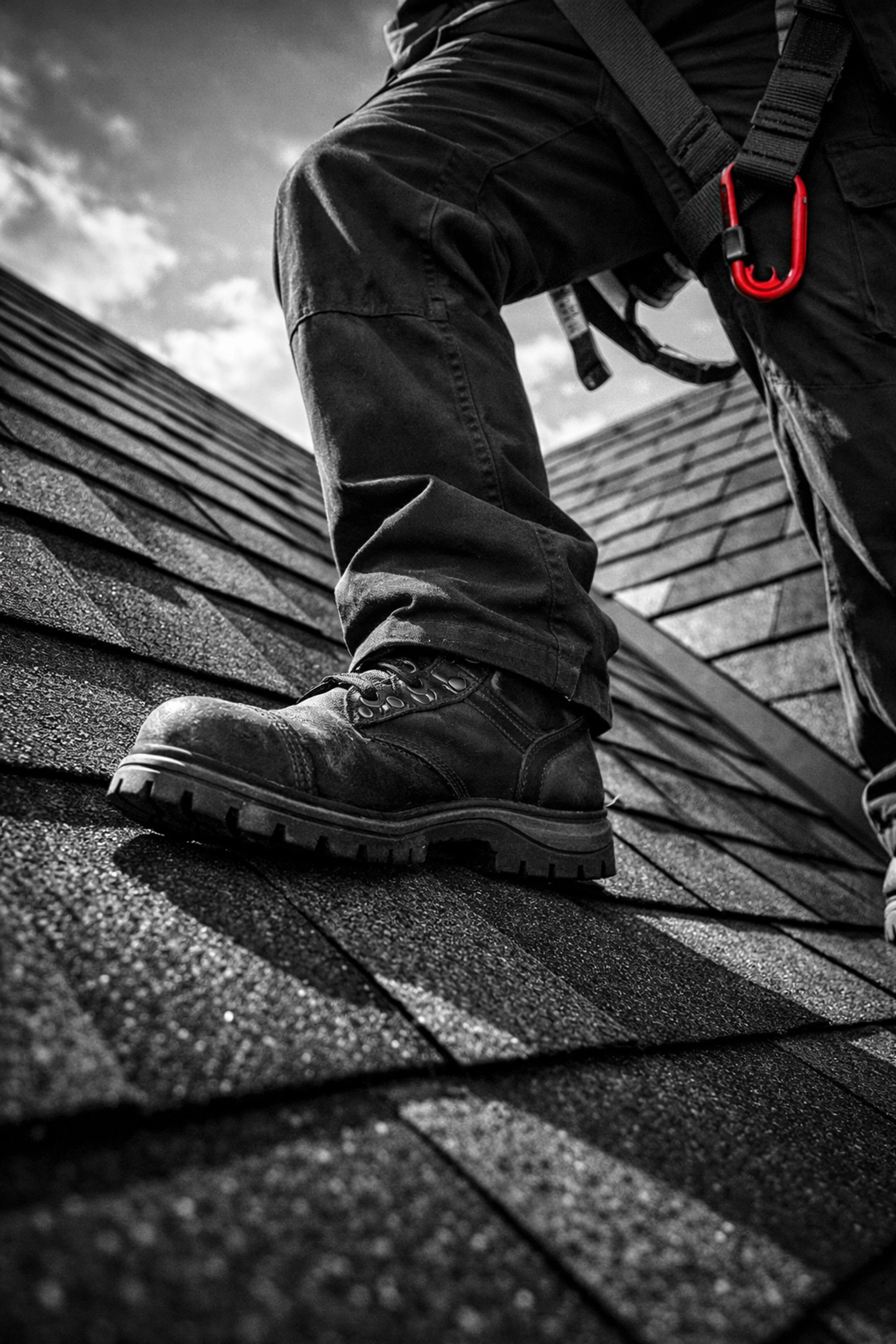 Professional roofer's boots inspecting asphalt shingles during hands-on roof assessment