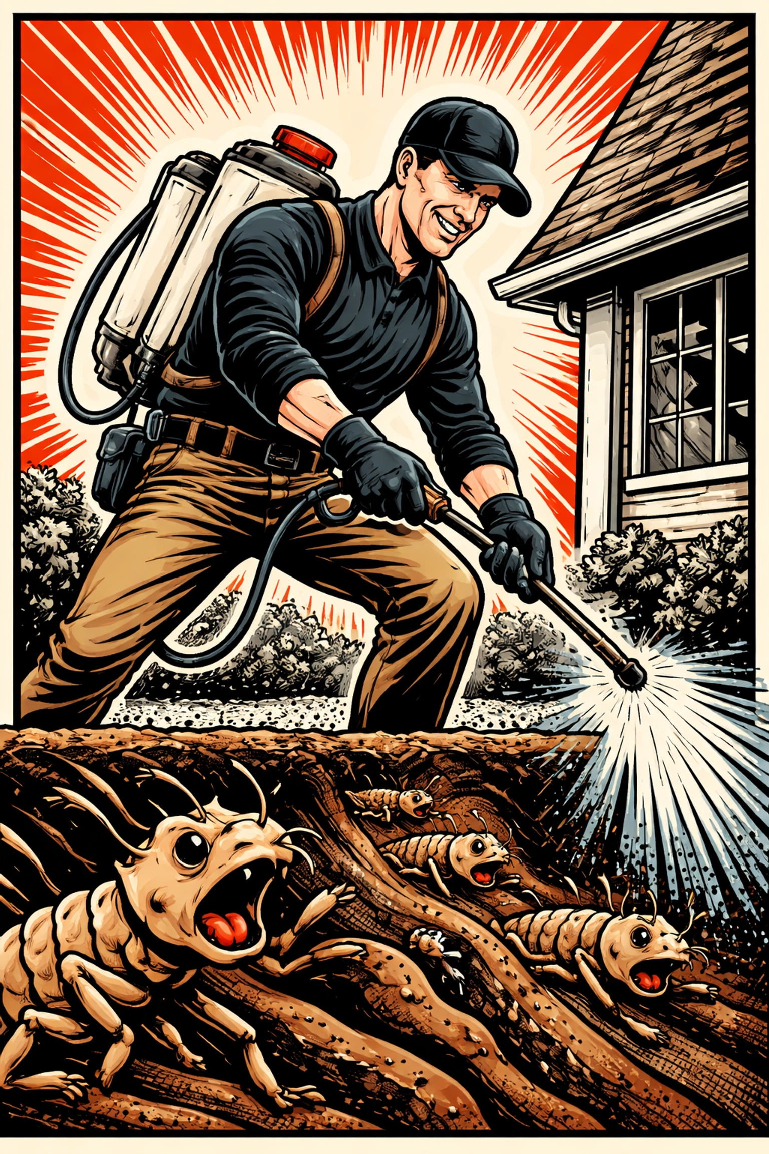 Pop art scene of a pest control technician applying termite pre-treatment to a home, representing professional termite protection in Jasper, AL.