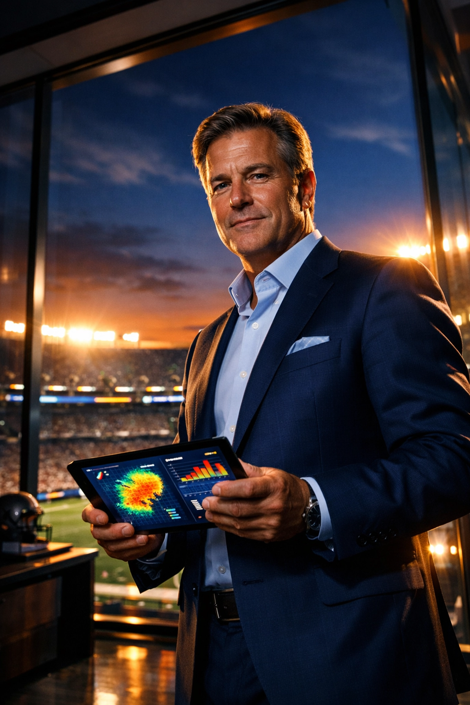 Sports media marketing expert analyzing digital performance metrics on a tablet overlooking a lit football stadium.
