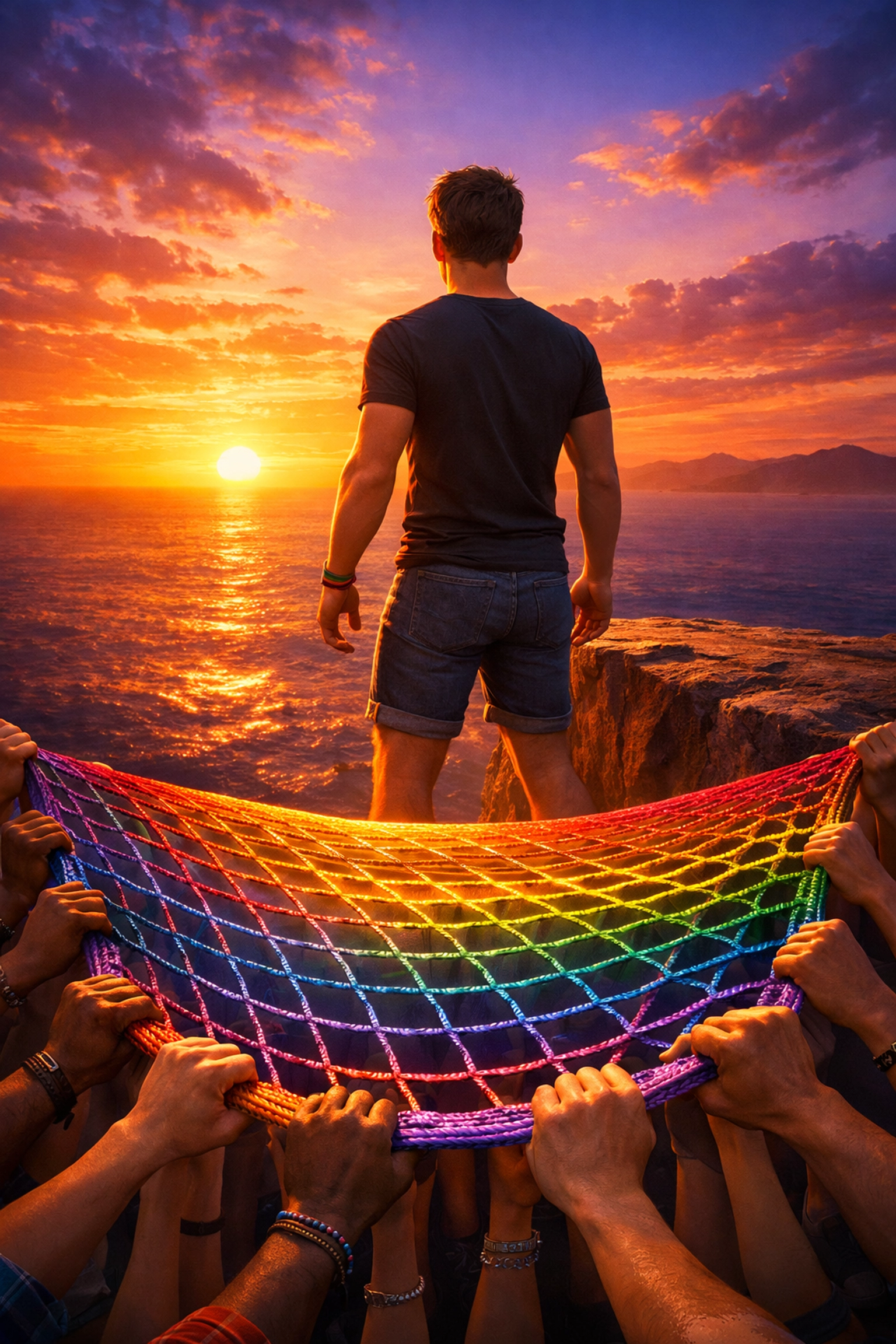 A gay man looking at a horizon above a rainbow safety net, symbolizing community resilience against rejection.