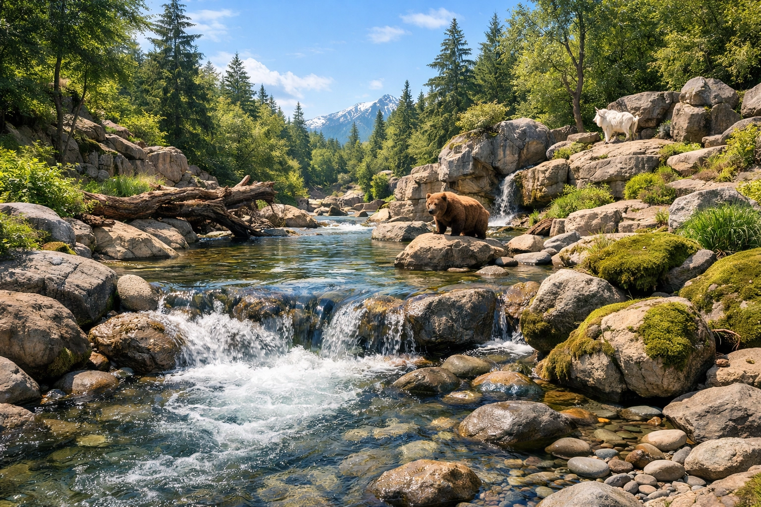 A modern and naturalistic zoo habitat featuring a mountain stream to showcase animal enrichment standards.