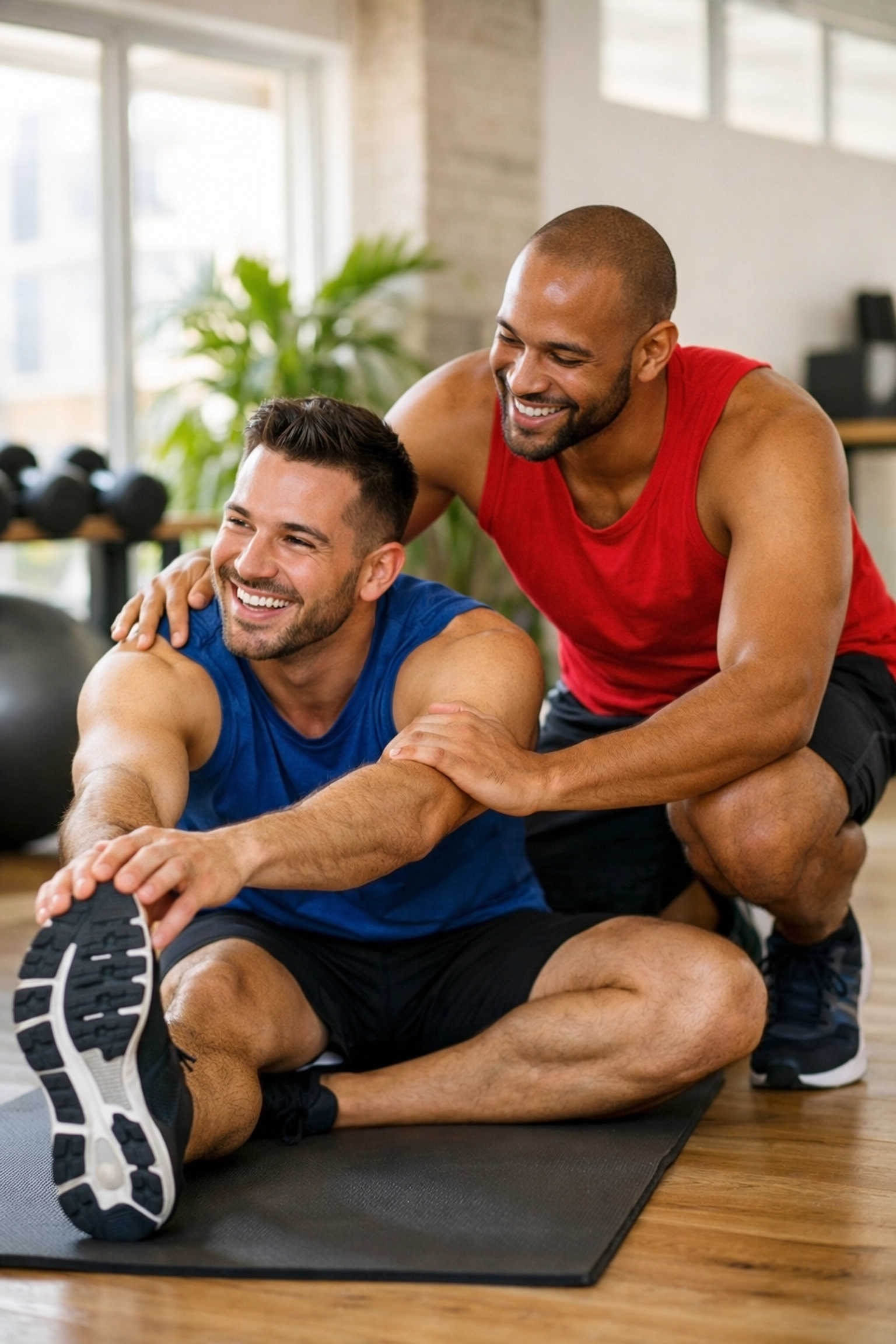 Gay couple stretching together at gym emphasizing fitness partnership and trust