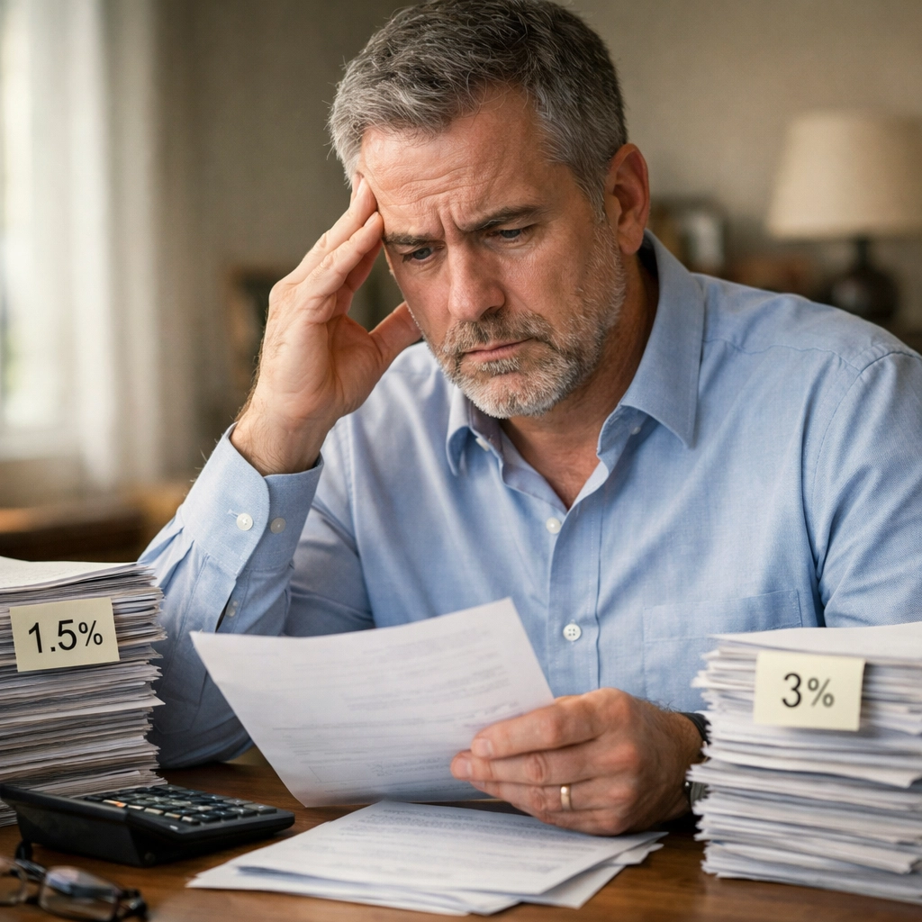 Retiree reviewing hidden Wall Street fees and retirement costs with concern