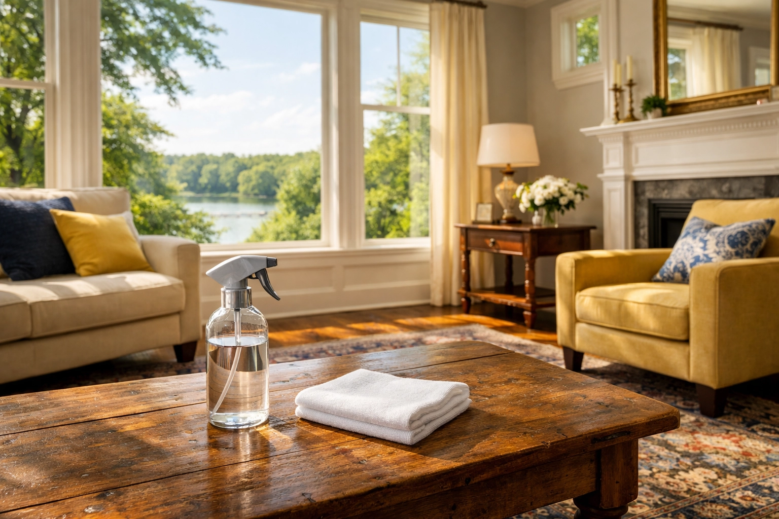Spotless living room highlighting eco-friendly house cleaning in West Cambridge.