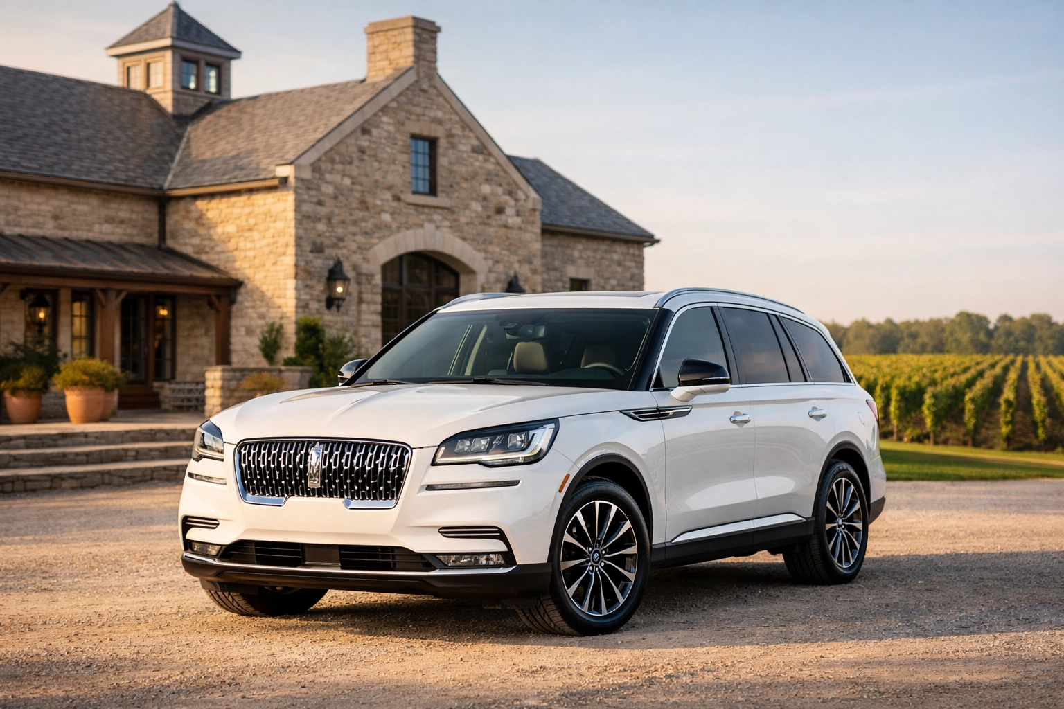 Luxury private car service for a Niagara wine tour in Ontario featuring a white Lincoln SUV at a vineyard.