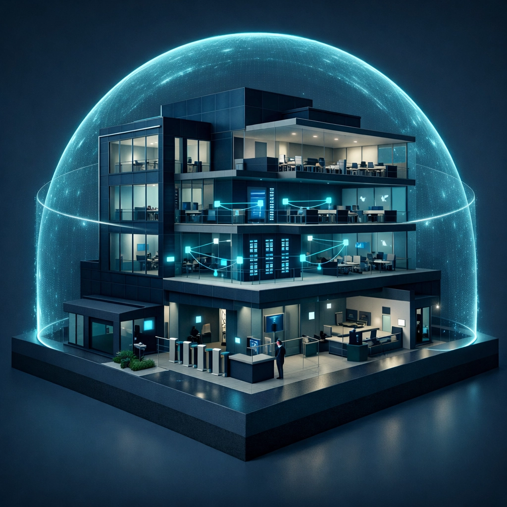 Building cross-section illustrating integrated physical and cybersecurity protection layers