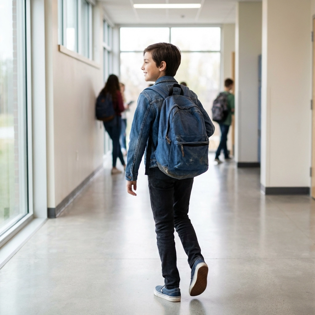Zelfverzekerd kind loopt door lichte schoolgang na de doorstroomtoets, klaar voor de overstap naar de brugklas