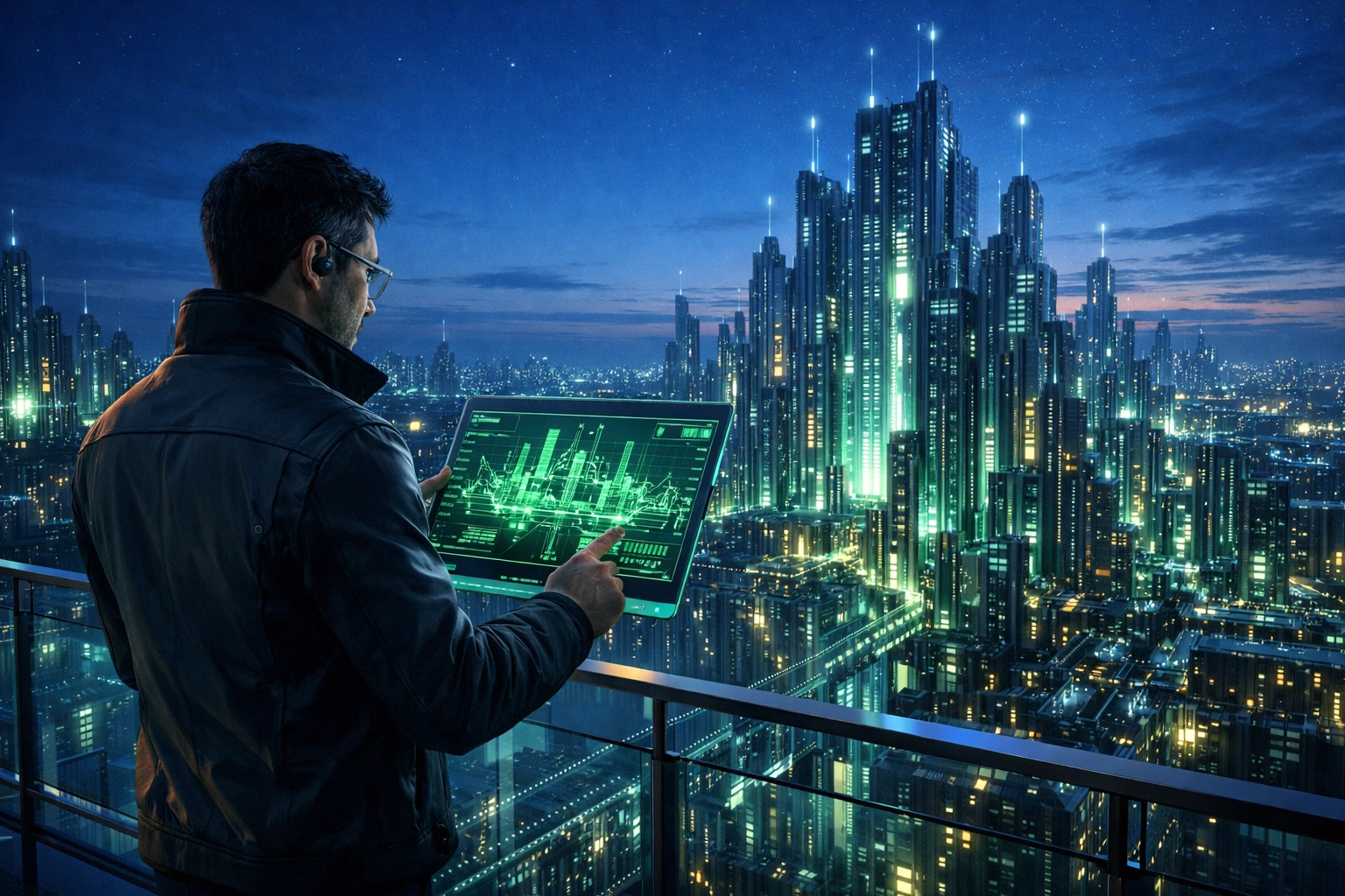 A digital architect overlooking a high-performance website infrastructure and technical SEO city layout.