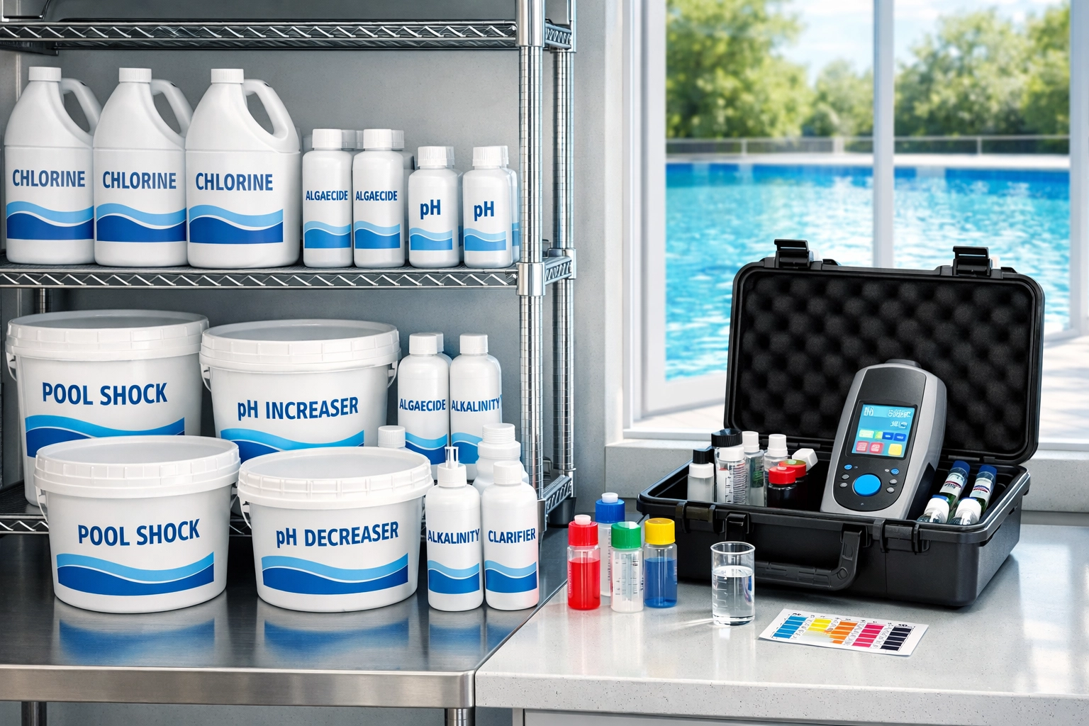 Pool routes for sale with organized pool chemical supplies and digital testing tools for stronger margins