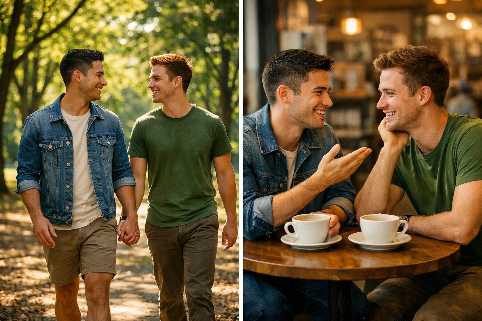 Gay couple's journey from park walk to coffee date showing friendship evolving into romance