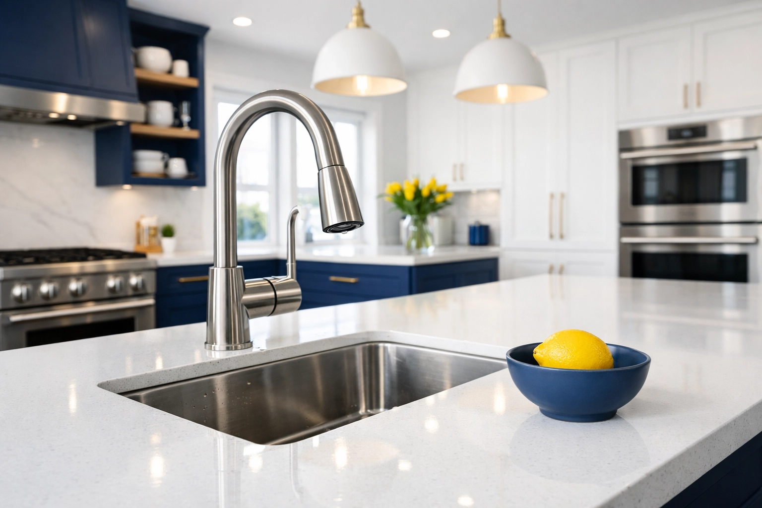 Sparkling clean kitchen island sink and faucet after professional post-construction cleaning by The Cleaning Ninjas.