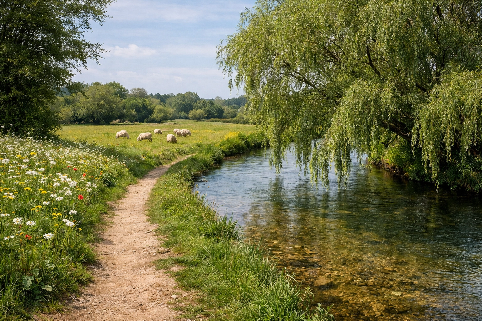 Scenic walking path along the River Windrush through green meadows in the Minster Lovell countryside.
