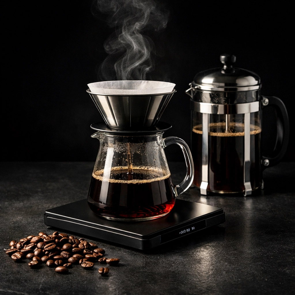 Affordable home coffee brewing equipment featuring a pour-over dripper, French press, and fresh roasted coffee beans.