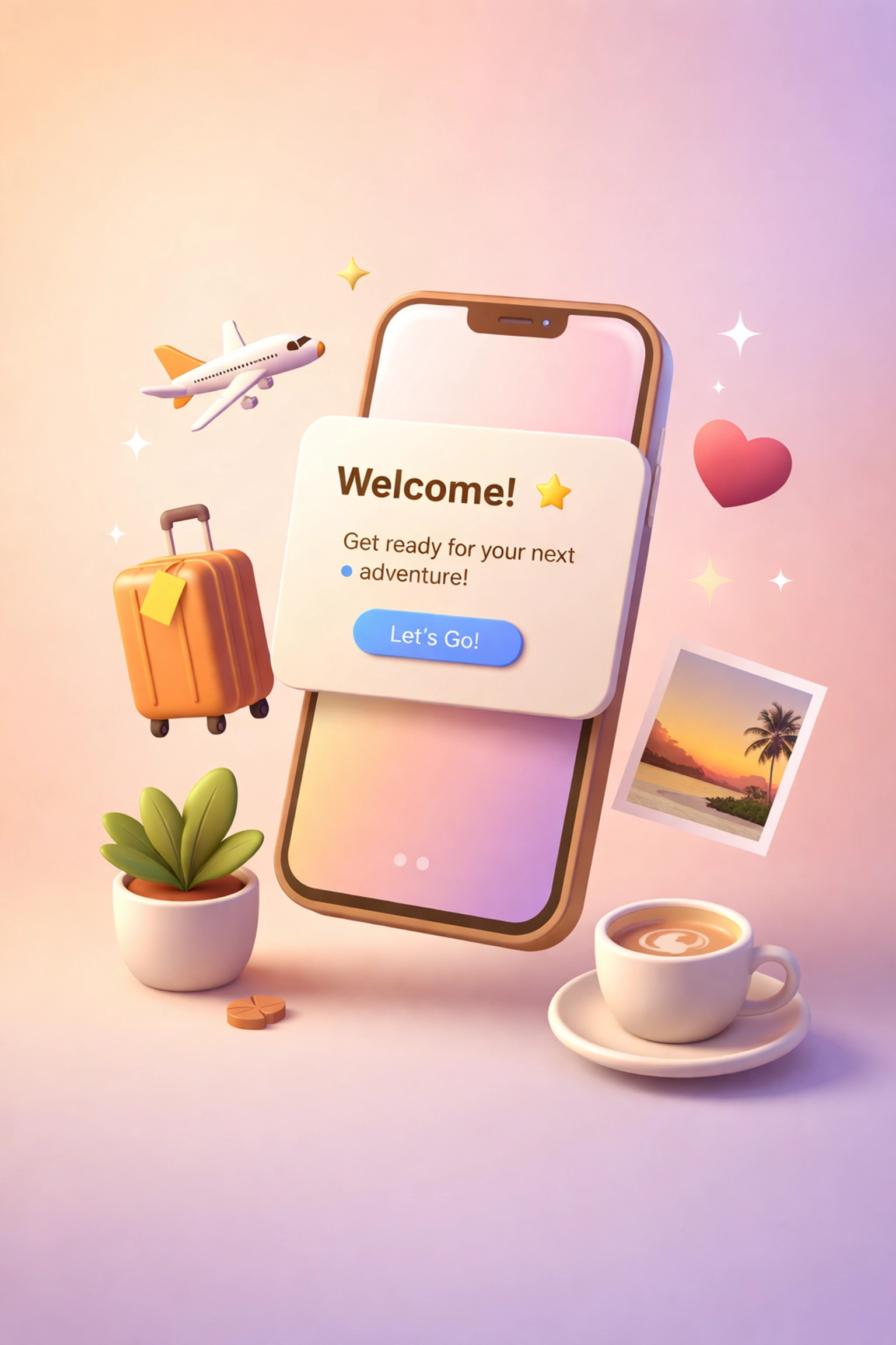Smartphone displaying a welcome home travel message surrounded by cozy elements, showcasing automated post-trip client retention tactics.