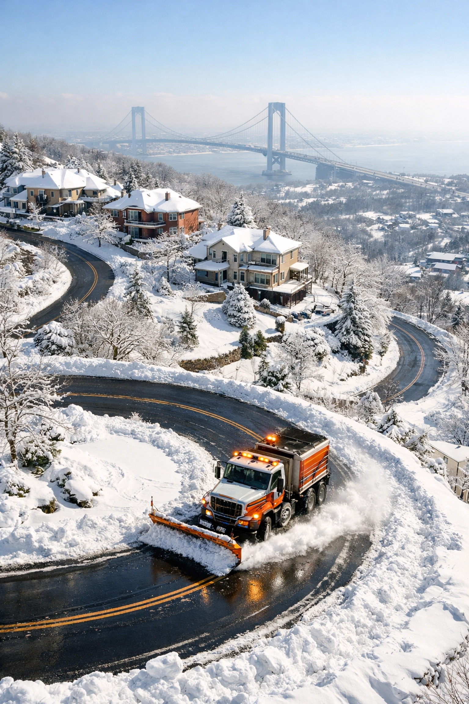 Professional snowplow clearing a steep Staten Island residential street near the Verrazzano Bridge.