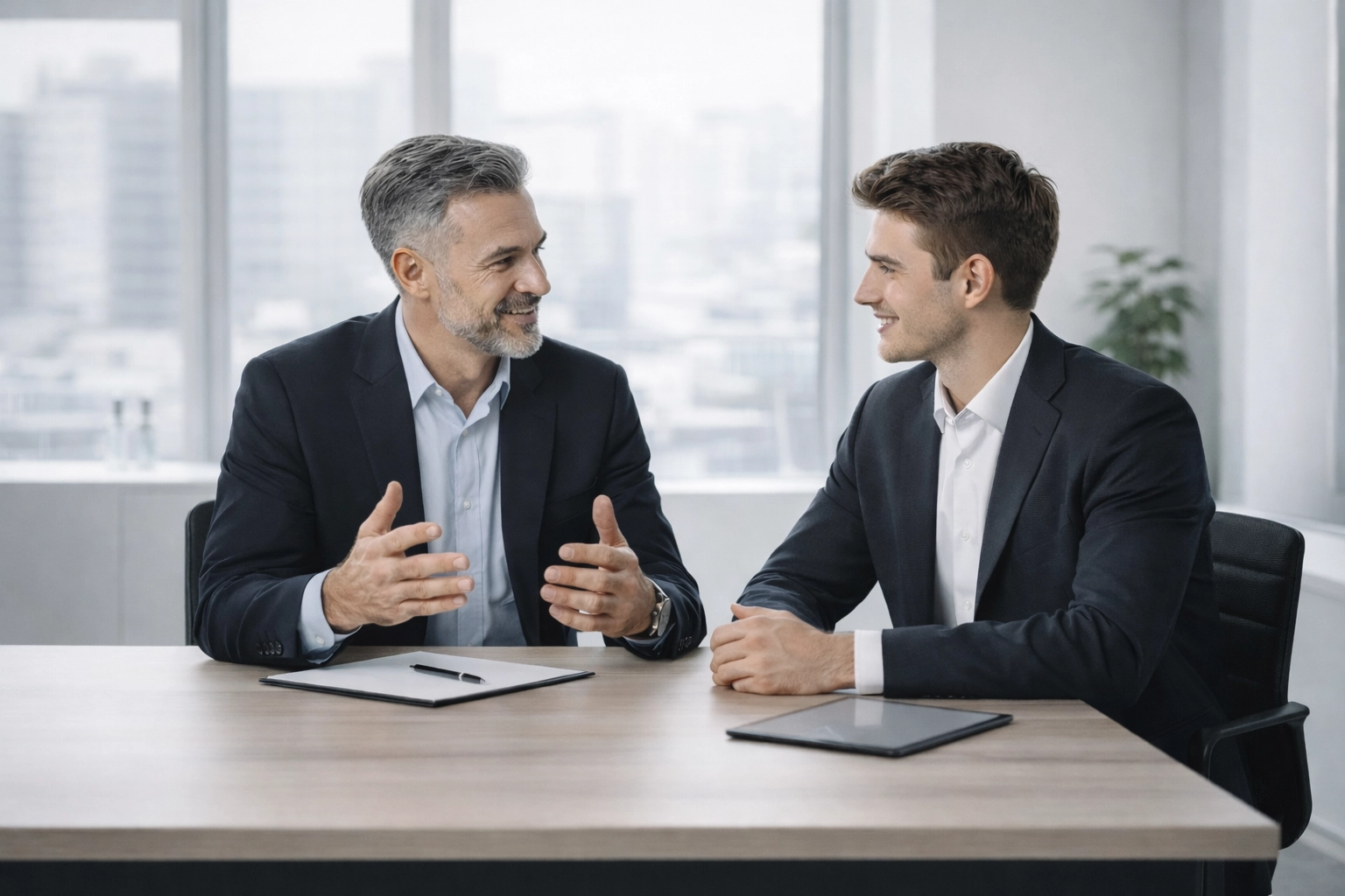 A mentor and student engaging in professional leadership coaching within a modern office environment.
