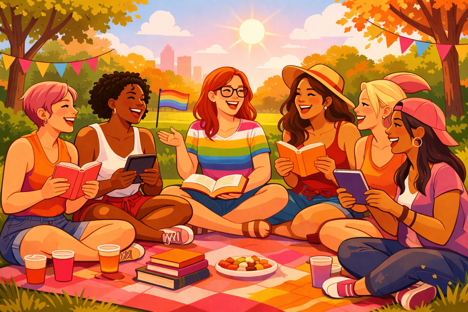 Diverse group of queer women at a park book club discussing the latest LGBTQ+ fiction releases.
