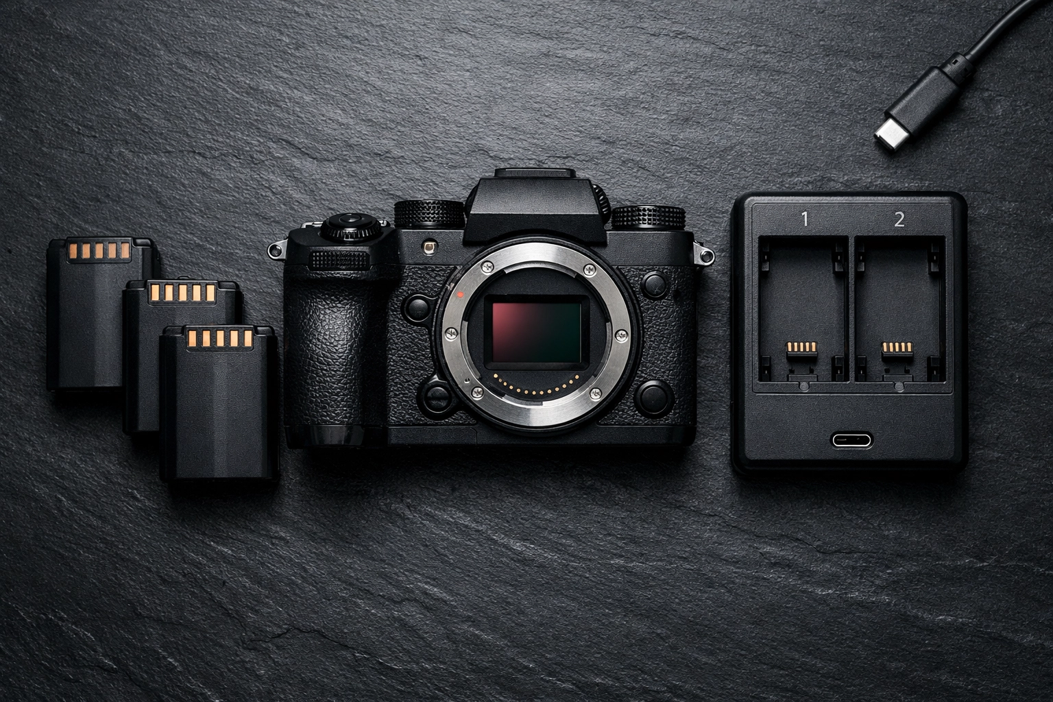 High-end mirrorless camera with spare batteries and a charger for extended shooting sessions.