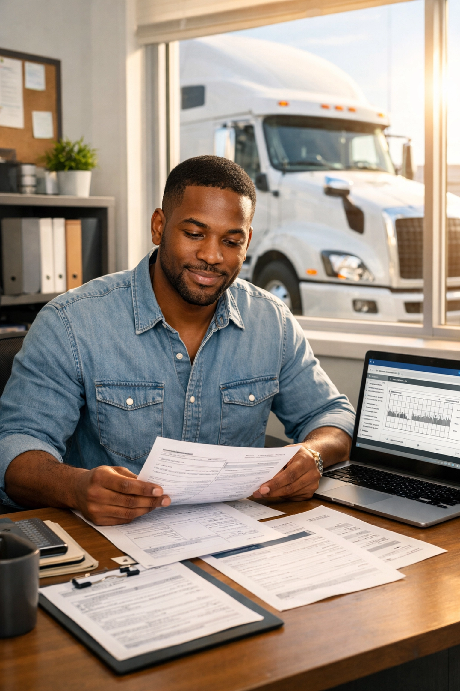 Owner-operator reviewing FMCSA safety audit compliance documents at office desk