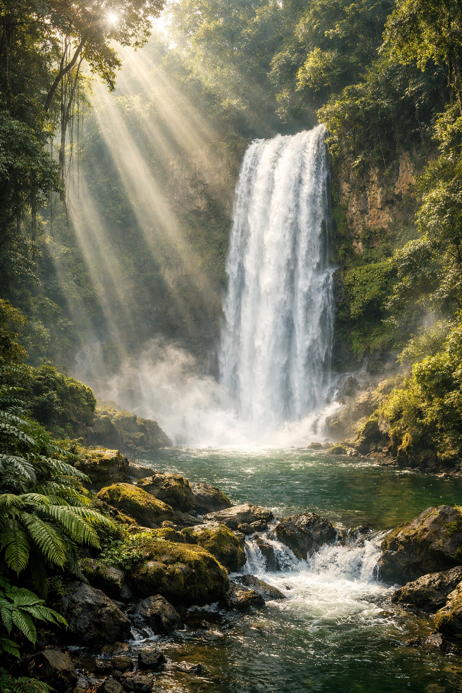Vibrant jungle waterfall with sun rays, representing a professional and mistake-free landscape photo.