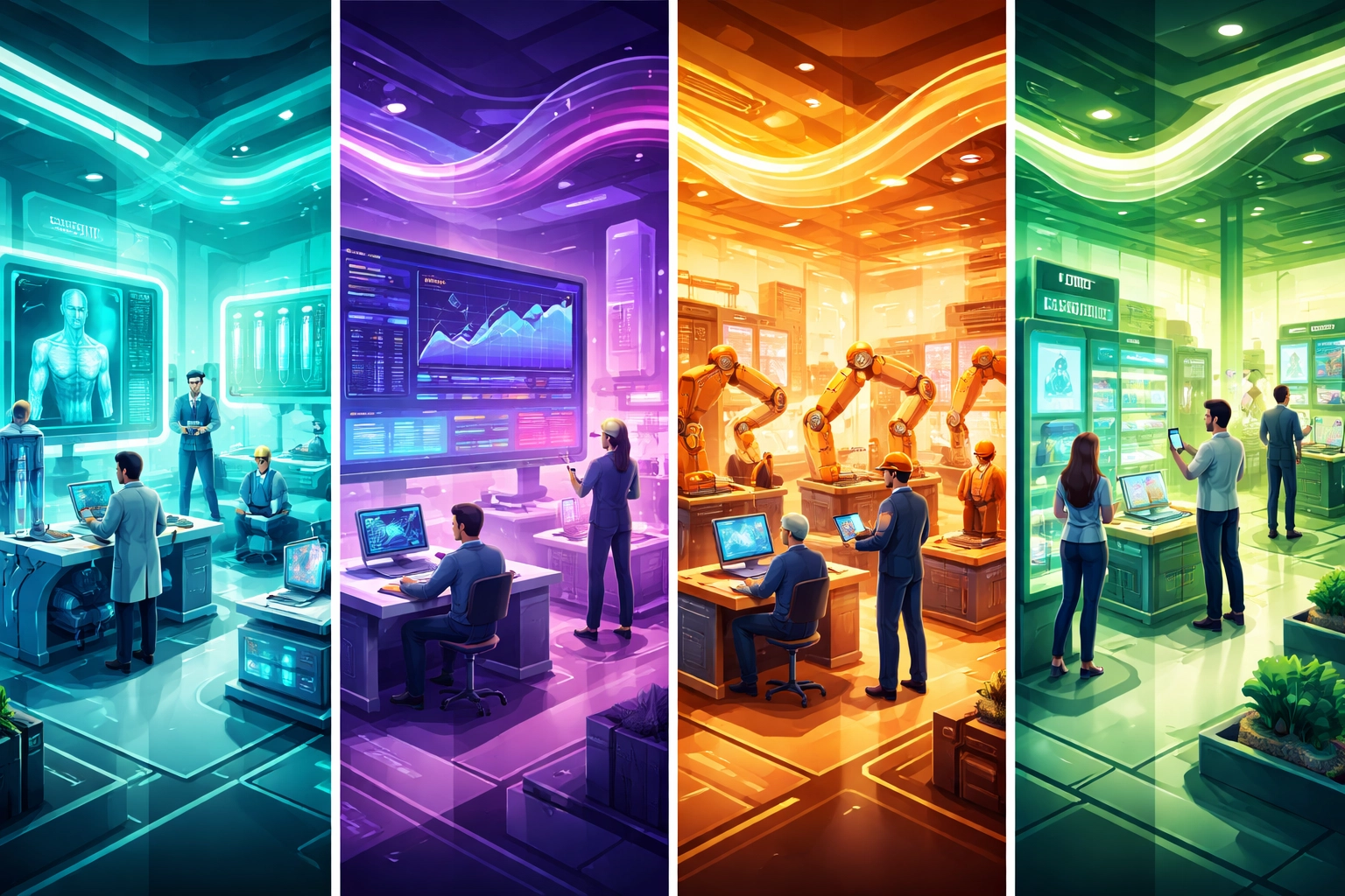 Illustration of specialized industries in healthcare, software, manufacturing, and retail reflecting targeted investment diversification.