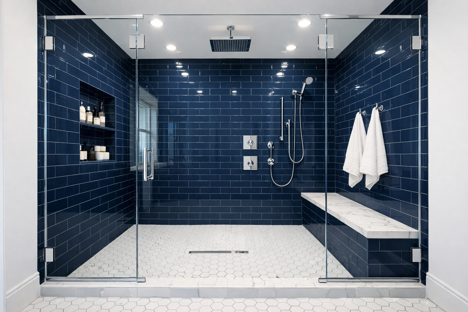 Spotless luxury walk-in shower with clean glass and tile flooring in a Harvard, MA home.