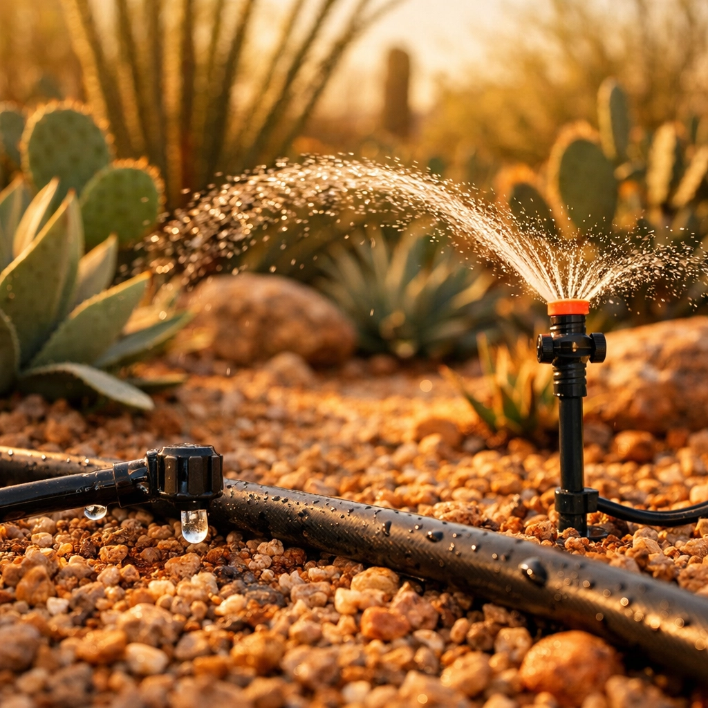 Drip irrigation system with sprinkler head watering desert plants in Tucson landscape